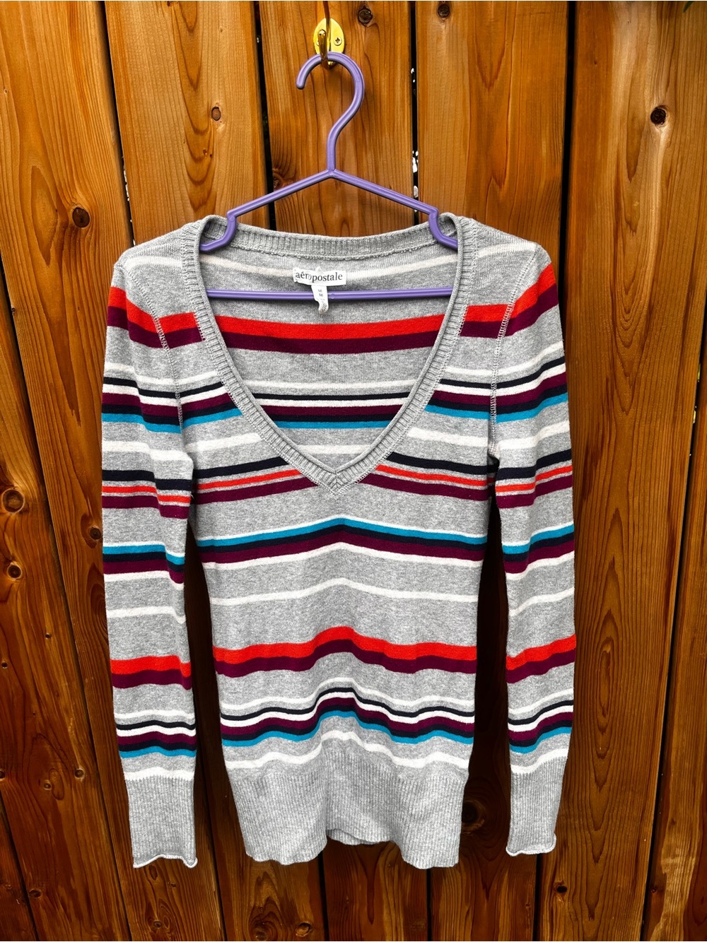 Aeropostale Gray V-Neck Sweater with Red, Teal and Burgundy Stripes